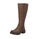 Three-quarter front view of a tan leather knee-high boot with full-length side zip fastening and chunky tread sole.