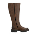 Inner side profile of a tan leather knee-high boot with full-length side zip fastening and chunky tread sole.
