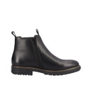 Inner side profile of a black leather Chelsea boot with inside zip fastening and low block heel.