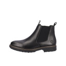 Side profile of a black leather Chelsea boot with elastic side panel, heel pull tab and low block heel.