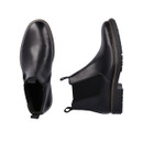 Top and side view of black leather Chelsea boots showing the rounded toe, elastic side panel and inside zip fastening.