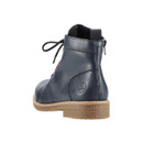 Rear three-quarter view of navy blue ankle boots with pull tab, soft lining and durable gum sole.