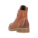 Rear three-quarter view of brown leather ankle boots with pull tab, warm lining and textured crepe-effect sole.
