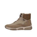 Beige lace-up ankle boots with RiekerTex waterproof membrane, faux fur lining and supportive chunky sole.