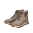 Pair of beige lace-up ankle boots with soft faux fur lining, waterproof RiekerTex membrane and chunky comfort sole.
