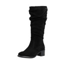 Black knee-high slouch boots with soft suede-look finish, inside zip fastening and low block heel.