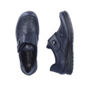 Top and side view of the navy leather touch-fastening comfort shoe highlighting the adjustable strap, decorative printed upper and cushioned footbed.