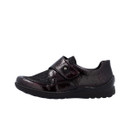 Outer side profile of the Bordeaux patent touch-fastening shoe with extra wide fit, soft suede upper and cushioned sole.