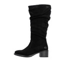 Outer side profile of the Rieker black knee-high ruched boot with soft suede-look finish and comfortable block heel.