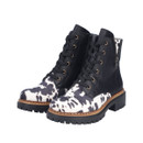 Pair of Rieker black lace-up ankle boots with cow print pony hair panels, inside zip fastening and chunky lug sole.