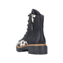 Rear three-quarter view of the Rieker black lace-up ankle boot with cow print detailing, inside zip and chunky sole.