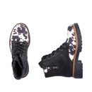 Top and side view of the Rieker black lace-up ankle boot highlighting the cow print pony hair upper, lace fastening and rugged lug sole.