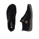 Top and side view of the Rieker black lace-up shoe highlighting the lace fastening, decorative side zip and cushioned comfort sole.