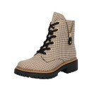 Rieker houndstooth lace-up ankle boot with black laces, decorative side zip, chunky lug sole and low block heel.