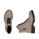 Top and side view of Rieker houndstooth lace-up ankle boots featuring black laces, decorative side zip and chunky tread sole.