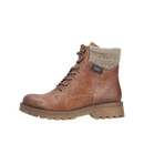 Side profile of the Rieker tan lace-up ankle boot with knitted collar, warm lining and rugged cleated outsole.