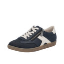 Rieker navy lace-up trainer with side zip, white contrast panels and lightweight translucent gum sole.