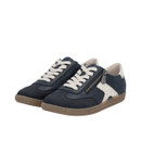 Pair of Rieker navy lace-up trainers with side zip, white contrast panels and translucent gum sole.