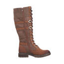 Inner side view of the Rieker tan knee-high boot with full-length inside zip, lace-up front and sturdy sole.