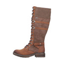 Side profile of the Rieker tan knee-high lace-up boot with decorative buckles, water-resistant upper and low block heel.