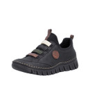 Rieker black slip-on comfort shoe with decorative elastic straps, Antistress comfort technology and lightweight flexible sole.