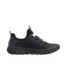 Inner side view of the Rieker black slip-on shoe with stretch opening, flexible sole and contrast stitching.