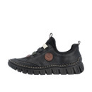 Side profile of the Rieker black slip-on shoe featuring decorative elastic straps, soft leather-look upper and lightweight flexible sole.