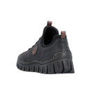 Rear side view of the Rieker black slip-on shoe with cushioned heel collar, pull tab and flexible lightweight outsole.