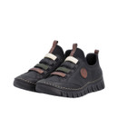 Pair of Rieker black slip-on shoes with elastic strap detailing, cushioned Antistress comfort technology and lightweight flexible sole.