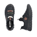 Top and side view of the Rieker black slip-on shoe showing decorative elastic straps, cushioned Antistress footbed and flexible lightweight sole.