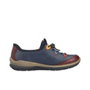 Inner side view of the Rieker Paz navy and wine comfort shoe with stretch fit opening, lightweight sole and contrast stitching.