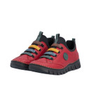 Pair of Rieker women's red leather slip-on shoes with multicolour elastic straps, lightweight flexible sole and cushioned comfort fit.