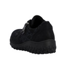 Rear angled view of the Rieker black lace-up shoe showing the cushioned heel, textured side panels and durable grip outsole.