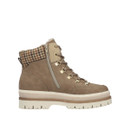 Inner side view of the Rieker beige lace-up ankle boot with inside zip fastening, faux fur lining and chunky treaded platform sole.