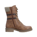 Inner side view of the Rieker women's tan lace-up ankle boot with inside zip, lace-up fastening, knitted cuff and durable lug sole.