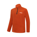 Angled front view of children's burnt orange half-zip fleece with high collar.