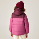 Rear view of children's pink and burgundy hooded padded jacket.