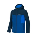 Rear view of navy and blue hooded waterproof jacket.