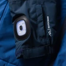 Close-up of integrated LED safety light and adjustable cuff on navy waterproof jacket sleeve.