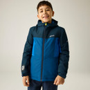 Child modelling a navy and blue hooded waterproof jacket with integrated LED sleeve light.