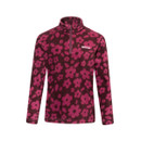 Front view of purple floral printed half-zip fleece.