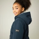 Rear angled close-up of child wearing a navy hooded padded parka with Regatta Outdoors sleeve badge.