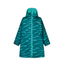 Front product image of the junior waterproof robe, highlighting the full-length zip, hood, front pockets, and all-over printed design.