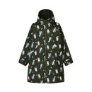 Front product image of the junior waterproof robe, highlighting the full-length zip, hood, front pockets, and all-over printed design.