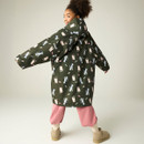 Rear lifestyle image of the junior waterproof robe, showcasing the oversized fit, hood, and all-over cat and dog print from the back.