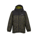 Front packshot of the junior insulated hooded jacket, showcasing the full-zip fastening, padded hood, camouflage print, zipped hand pockets, and quilted design.