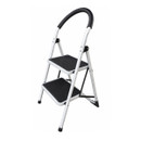 Two-step folding aluminium step ladder with black anti-slip treads, padded safety handle and sturdy lightweight frame, isolated on a white background.