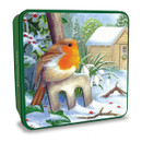 Green square biscuit tin featuring a robin perched on a snow-covered garden stool, with snowdrops, holly and a snowy cottage in the background, ideal for Christmas biscuit or shortbread gifts.