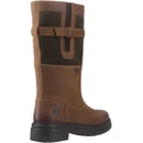 Side profile of the waterproof leather country boot featuring olive suede panels, adjustable buckle and stretch gusset for a comfortable fit.