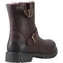 Rear side view of the dark brown waterproof leather biker boots featuring twin buckle straps, faux fur lining and durable pull-on design.